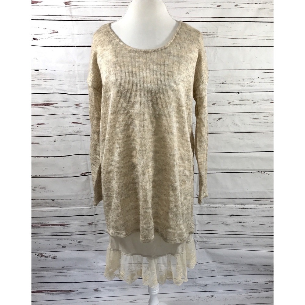 Others Follow Women's Sweater Dress Lace Long Sleeves Oatmeal Size L NWT